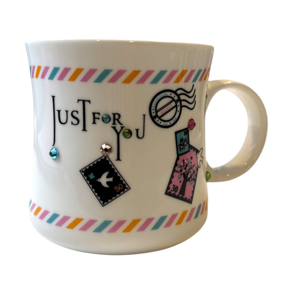 Novelty Coffee‎ Mug Just For You Decorative Stamps Rhinestones White